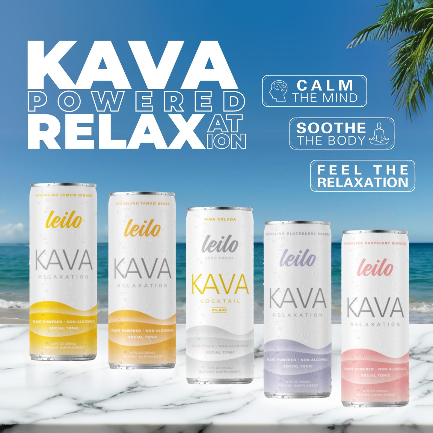 Leilo Calm in a Can | Sparkling Relaxation Drink with Kava | All Natural & Gluten Free | Sunset Variety + Lite, 12 ounce, Pack of 6 | Packaging May Vary