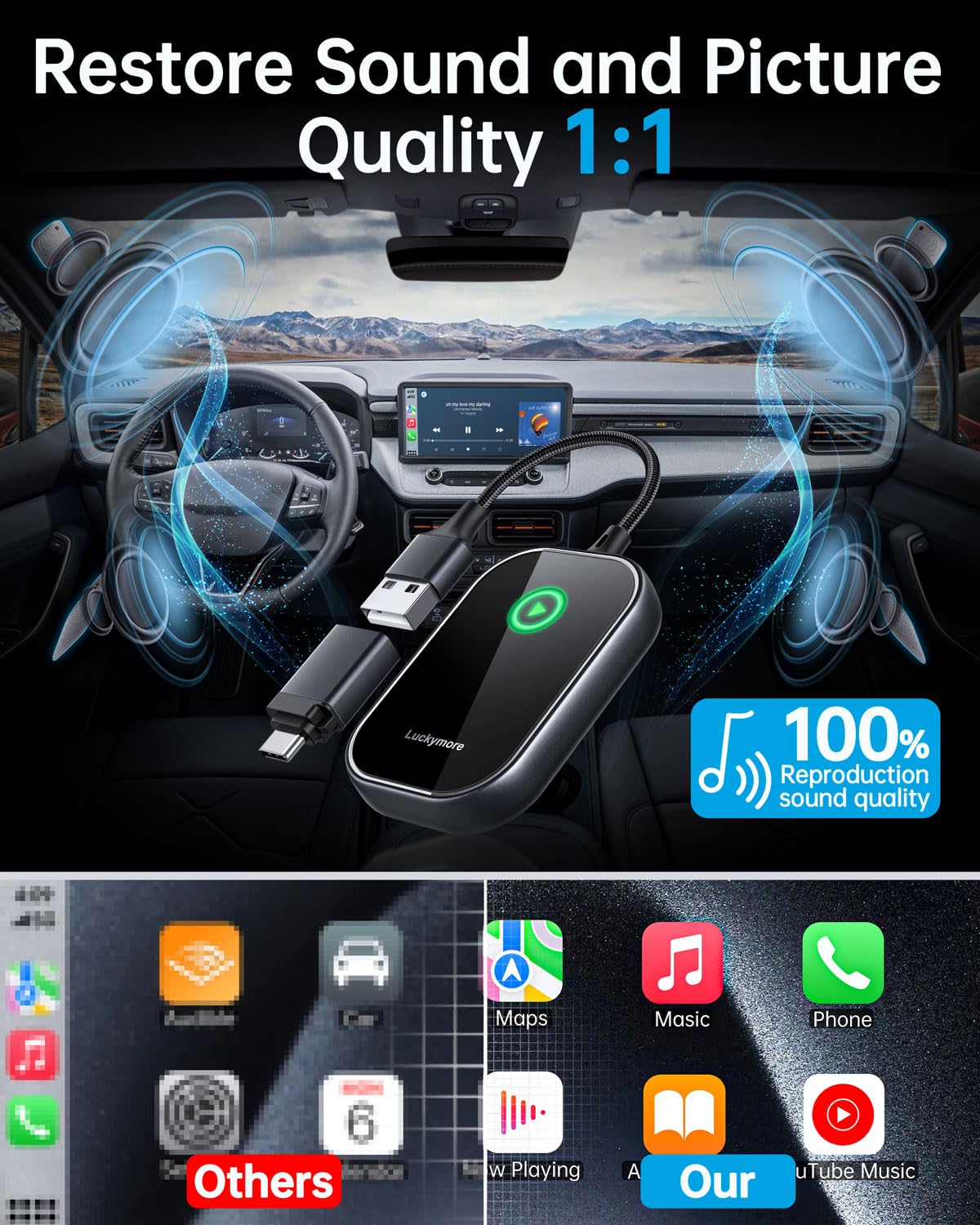 Luckymore Wireless Carplay Adapter, Converts Wired to Wireless Carplay Dongle for Wireless Control Plug & Play Carplay Fit for Cars 2017+ & for Apple iPhone iOS 10+