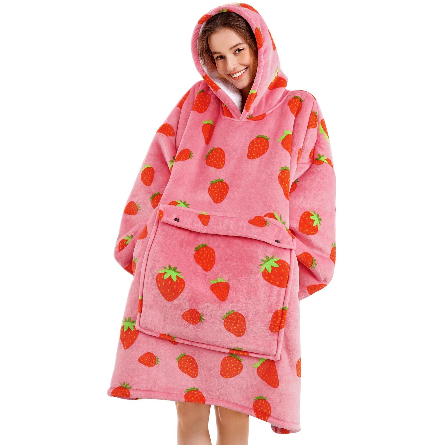 Narecte Oversized Blanket Hoodie,Wearable Blanket Adult Giant Hoodie Cozy Sweatshirt Kawaii Stuff,Birthday Gifts for Women, for Sister,Teen Girl, Strawberry, Coquette