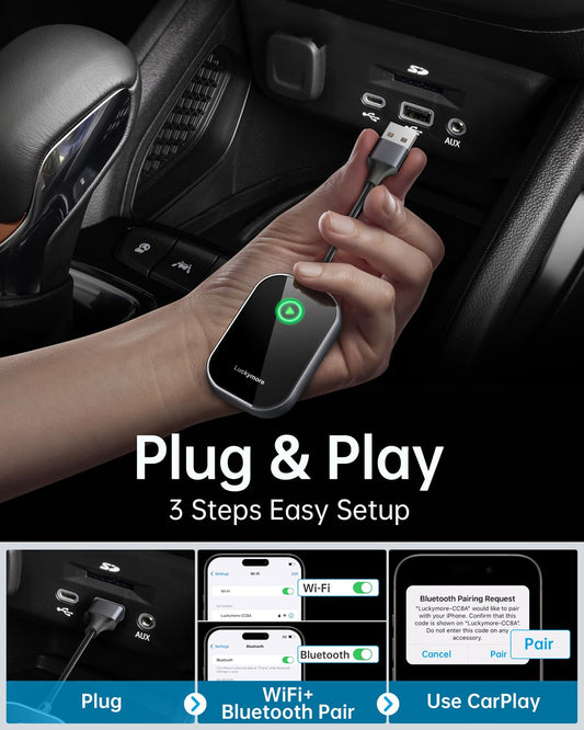 Luckymore Wireless Carplay Adapter, Converts Wired to Wireless Carplay Dongle for Wireless Control Plug & Play Carplay Fit for Cars 2017+ & for Apple iPhone iOS 10+