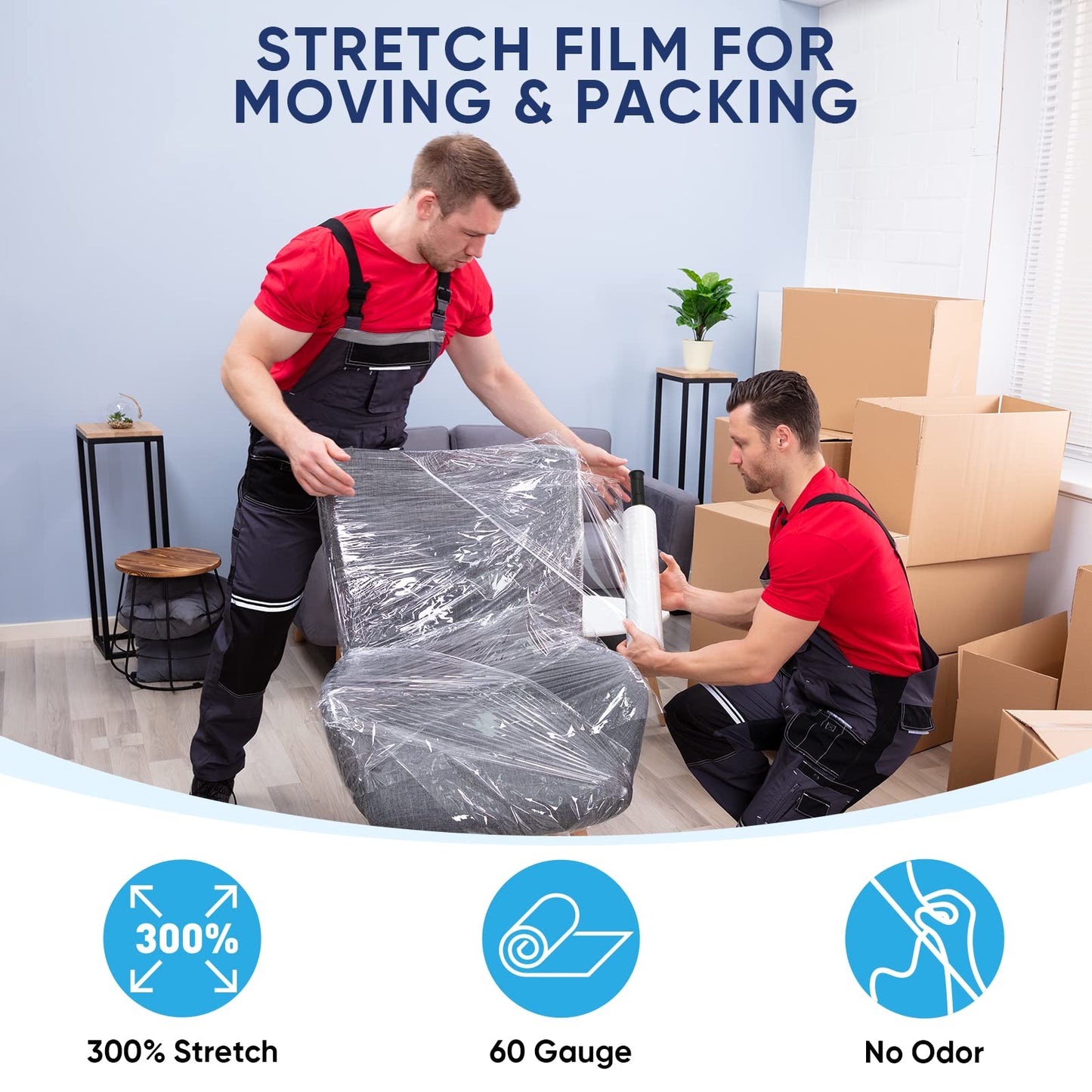 TICONN Stretch Wrap Stretch Film Roll, 1000ft 60 Gauge Industrial Strength 15 inch Wide Clear Plastic Wrap with Handles for Pallet Wrapping Shipping Moving