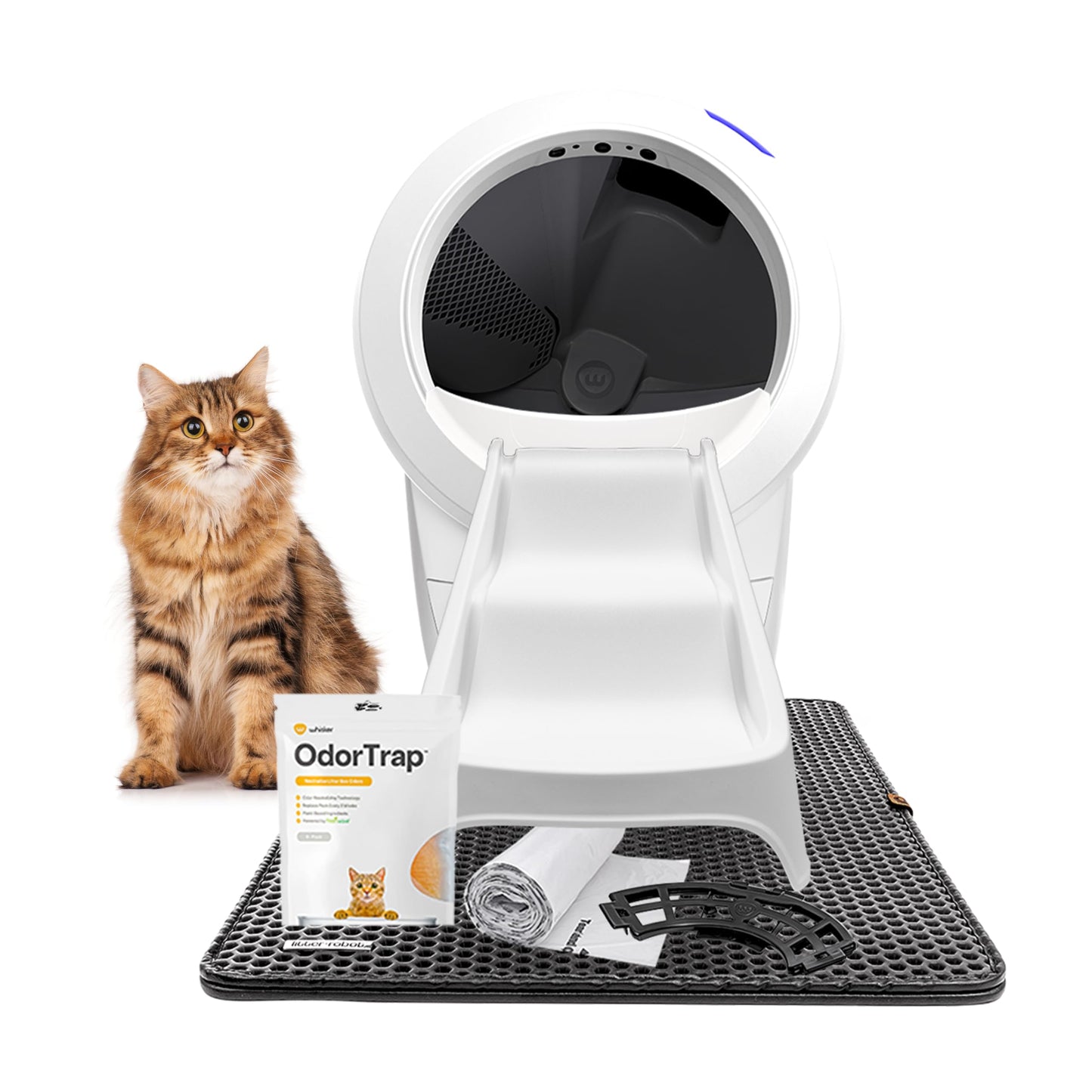 Litter-Robot 4 Bundle by Whisker, White - Automatic, Self-Cleaning Cat Litter Box, Includes Litter-Robot 4, 6 OdorTrap Pack Refills, 50 Waste Drawer Liners, Ramp, Mat & Fence