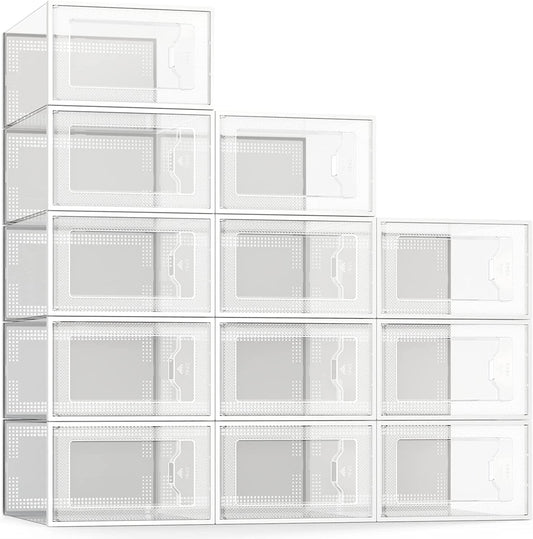 Large 12 Pack Shoe Storage Box, Clear Plastic Stackable Shoe Organizer for Closet