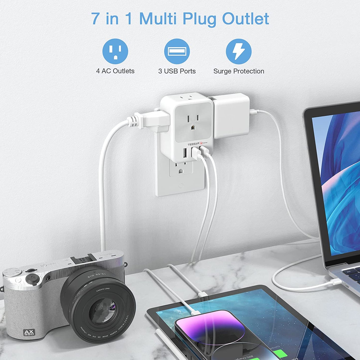 Multi Plug Outlet Splitter with USB, 4 Electrical Outlet Extender Surge Protector with 3 USB Wall Charger