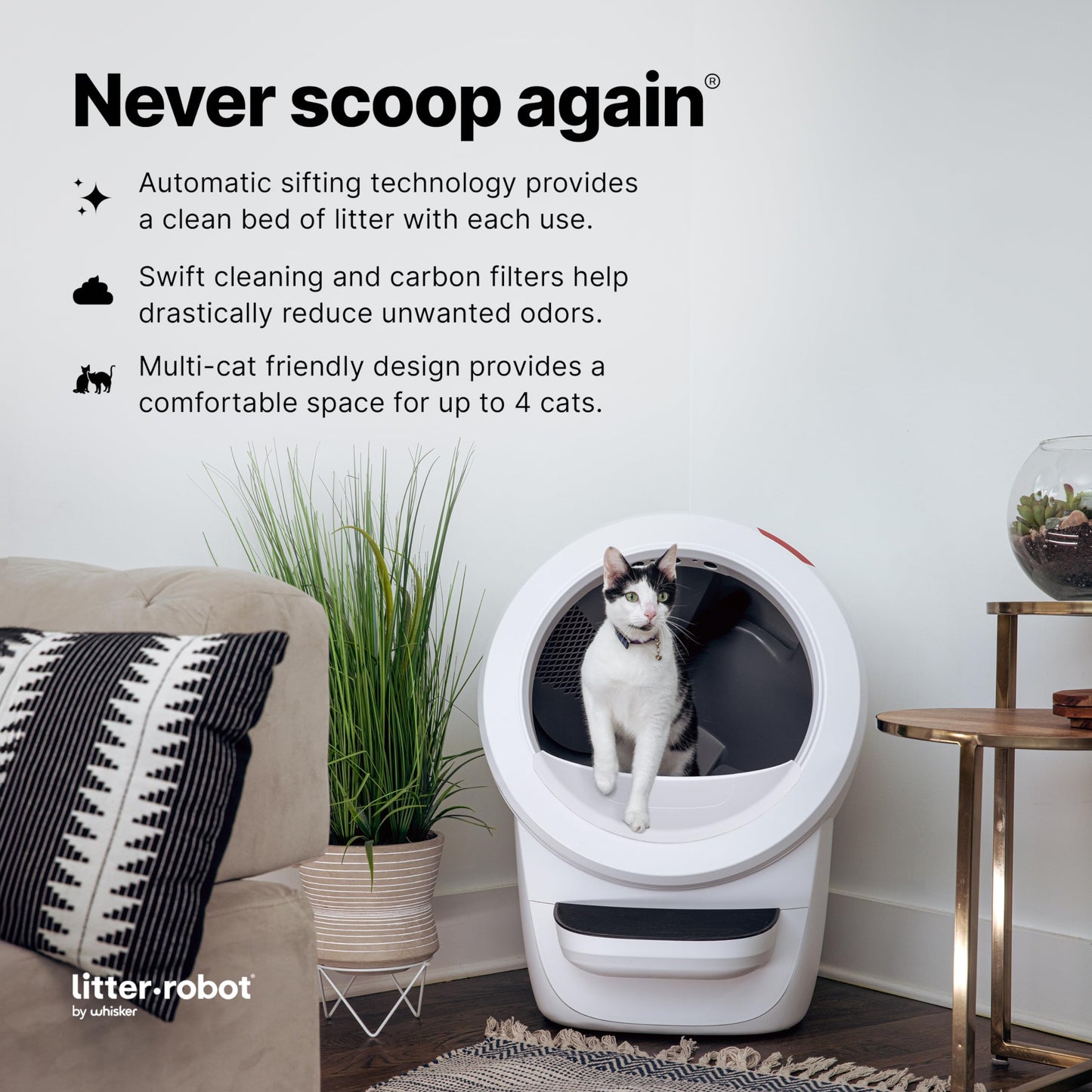 Litter-Robot 4 Bundle by Whisker, White - Automatic, Self-Cleaning Cat Litter Box, Includes Litter-Robot 4, 6 OdorTrap Pack Refills, 50 Waste Drawer Liners, Ramp, Mat & Fence